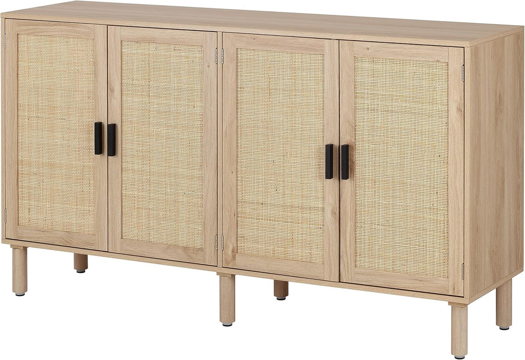 Finnhomy 4 Door Sideboard Buffet Cabinet, Kitchen Storage Cabinet with Rattan Decorated Doors, Cupboard Console Table, Boho Accent Liquor Cabinet for Home Bar, 62.3X 15.7X 34.6 Inches, Natural