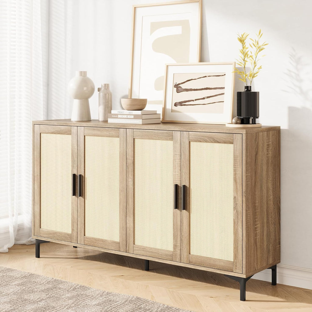 JASIWAY Sideboard - Kitchen Buffet Cabinet with Rattan Decorated Doors, Accent Cabinets with Doors, Coffee Bar Cabinets Rattan Sideboard Buffet Cabinet with Storage (Natural with 4 Doors)