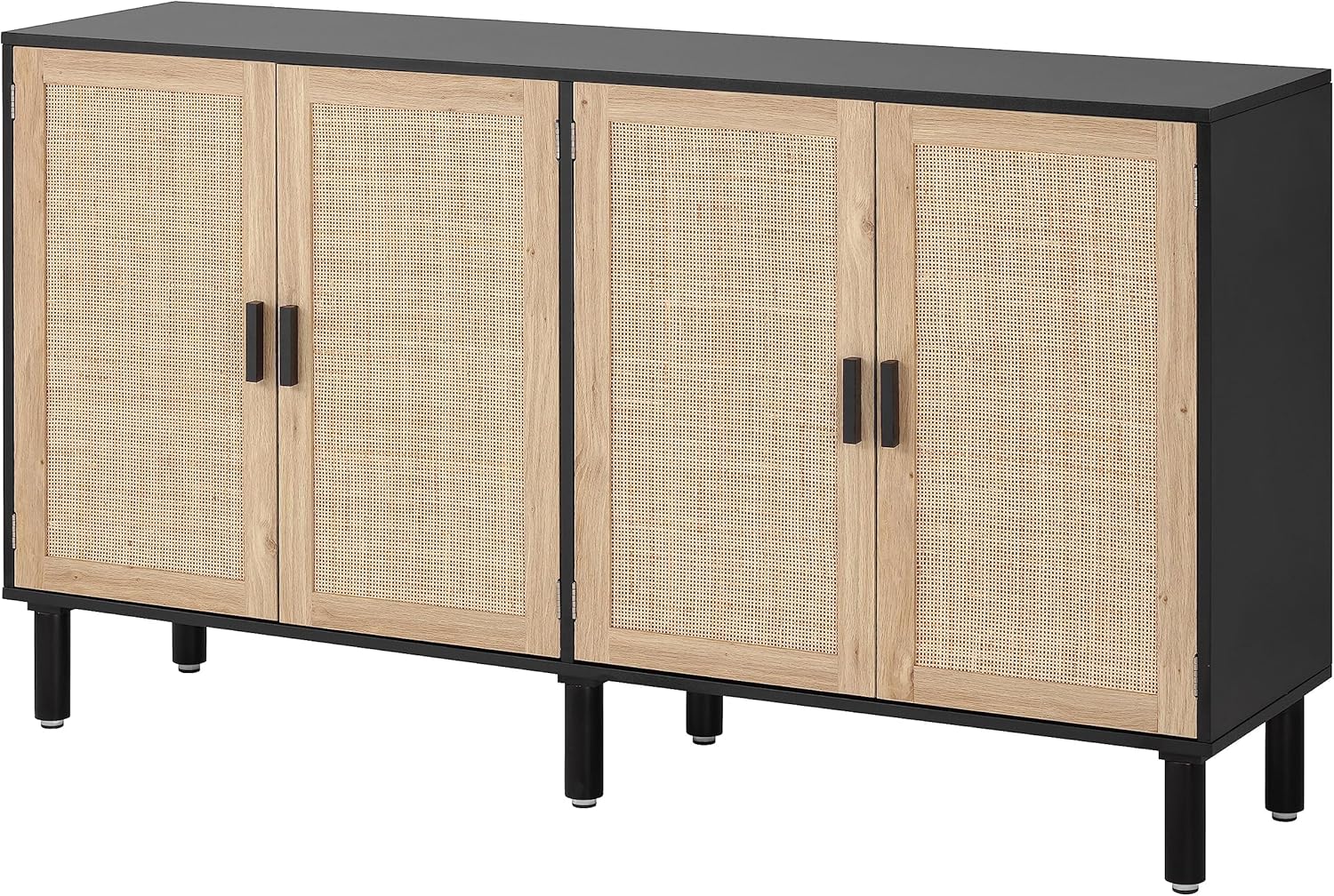 Finnhomy 4 Door Sideboard Buffet Cabinet, Kitchen Storage Cabinet with Rattan Decorated Doors, Cupboard Console Table, Boho Accent Liquor Cabinet for Home Bar, 62.3X 15.7X 34.6 Inches, Natural