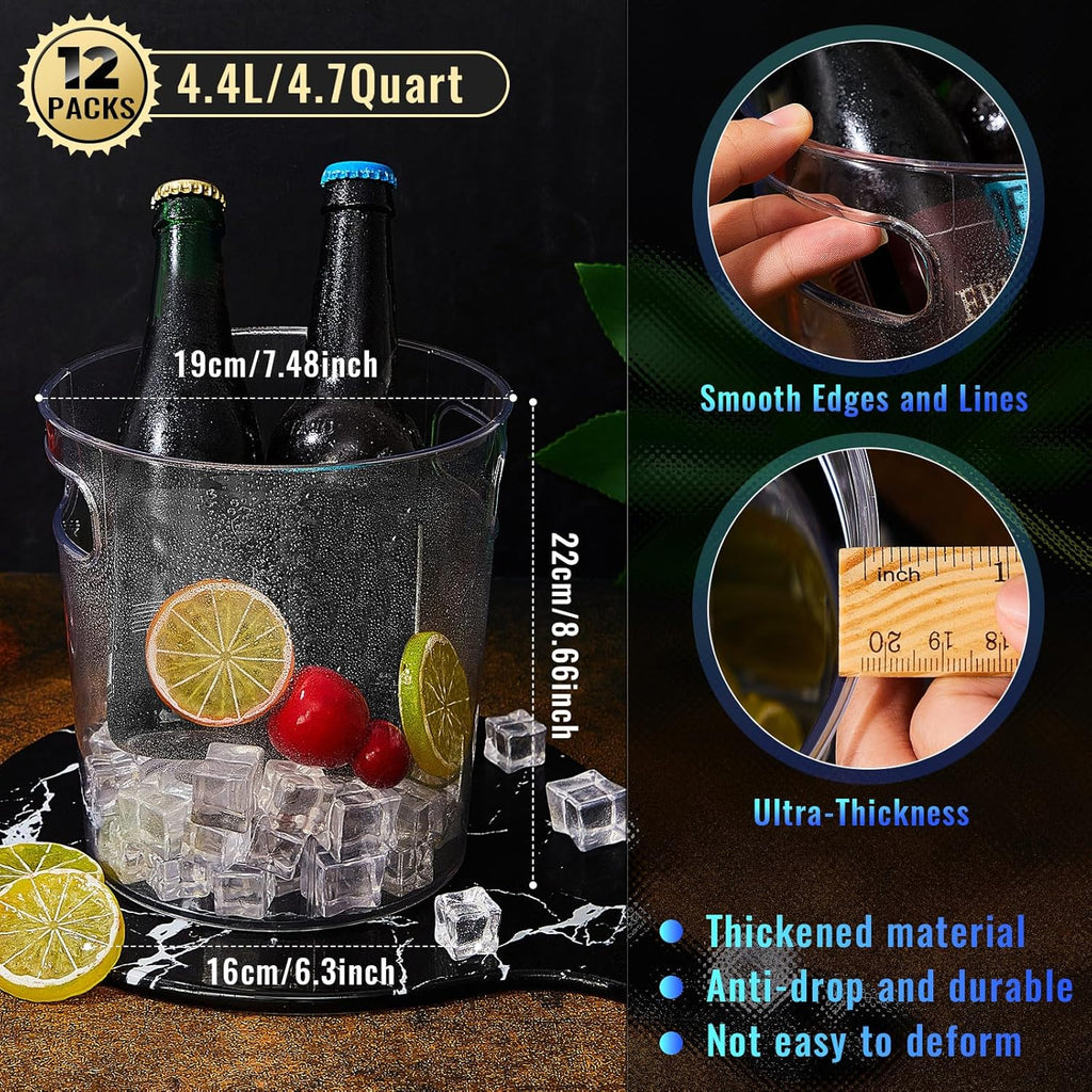 Tessco 12 Pcs Plastic Ice Buckets Clear Large Champagne Wine Cooler Bucket with Handle Portable Drinks Beverage Tubs Chiller Bin for Party Bar Wedding Beer Bottle(4.4L/4.7Quart)