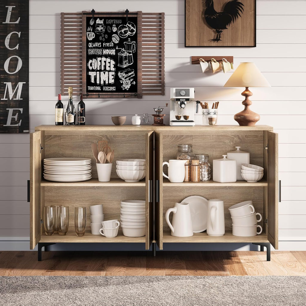 JASIWAY Sideboard - Kitchen Buffet Cabinet with Rattan Decorated Doors, Accent Cabinets with Doors, Coffee Bar Cabinets Rattan Sideboard Buffet Cabinet with Storage (Natural with 4 Doors)